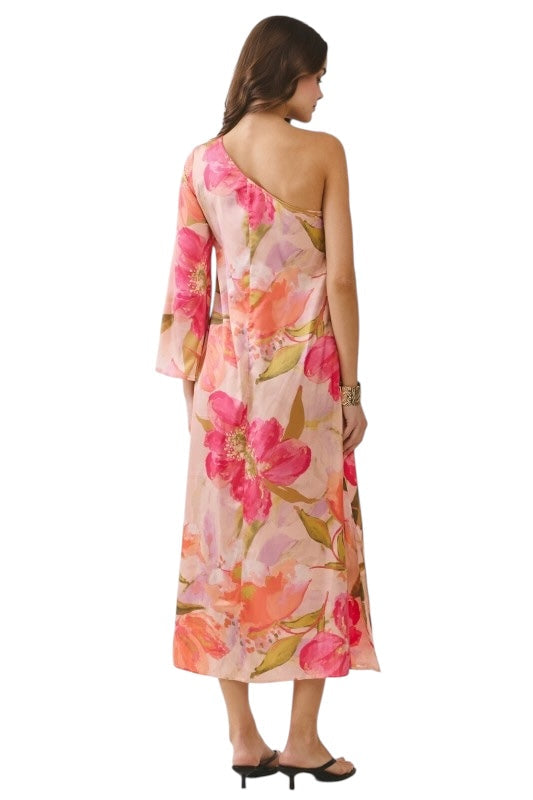 Satin Florals One Shoulder Midi