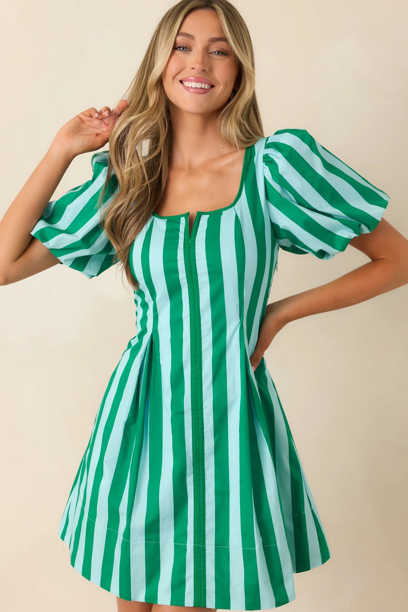 Green & Mint Stripe Cotton Mini Dress