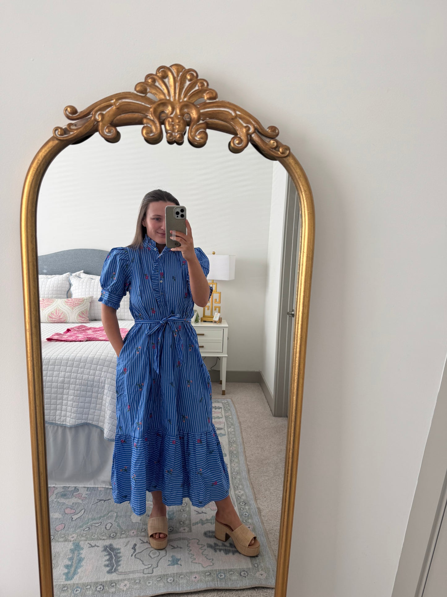 Embroidered Blue Puff Midi