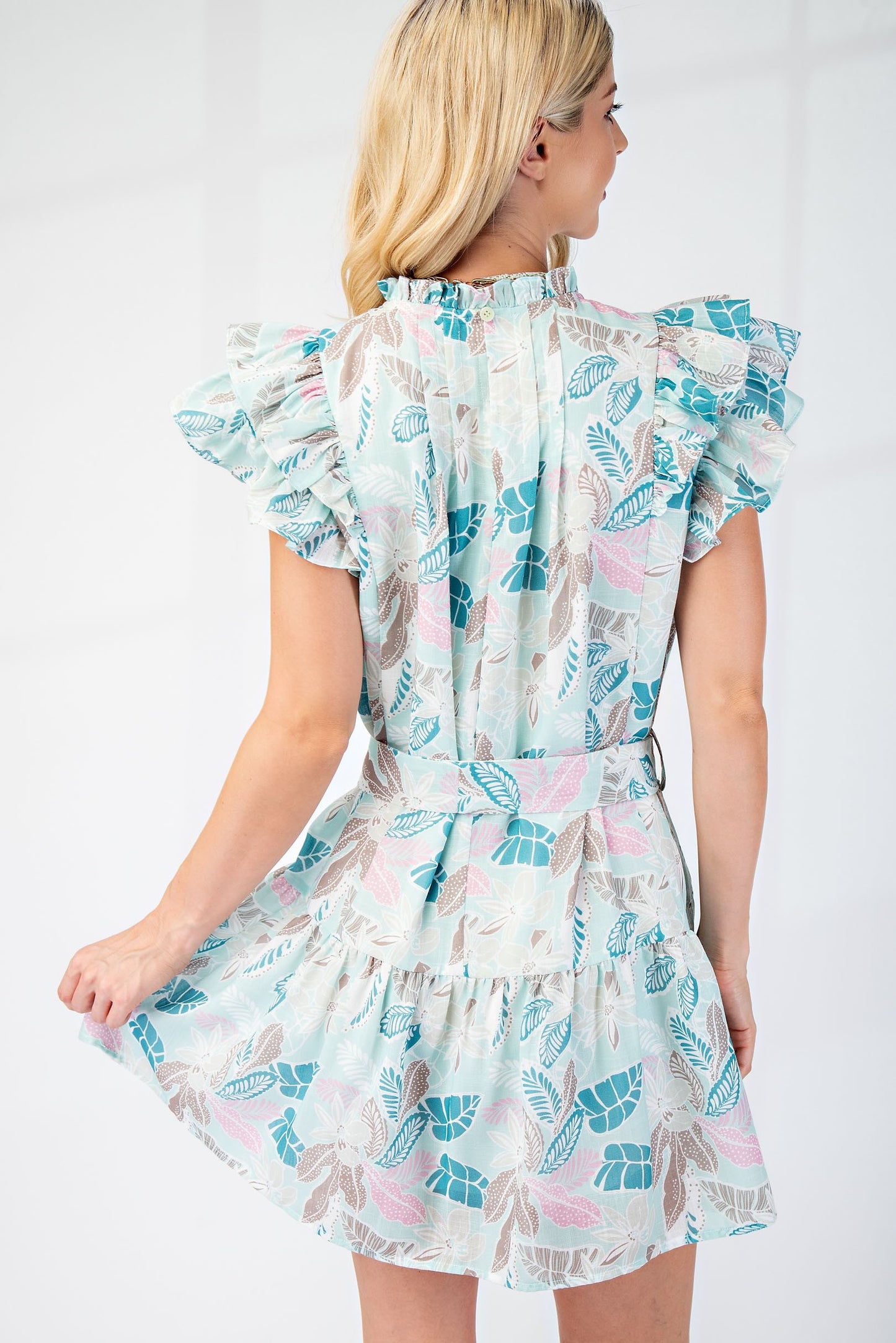 Pleated Neck Ruffle Sleeve Mini