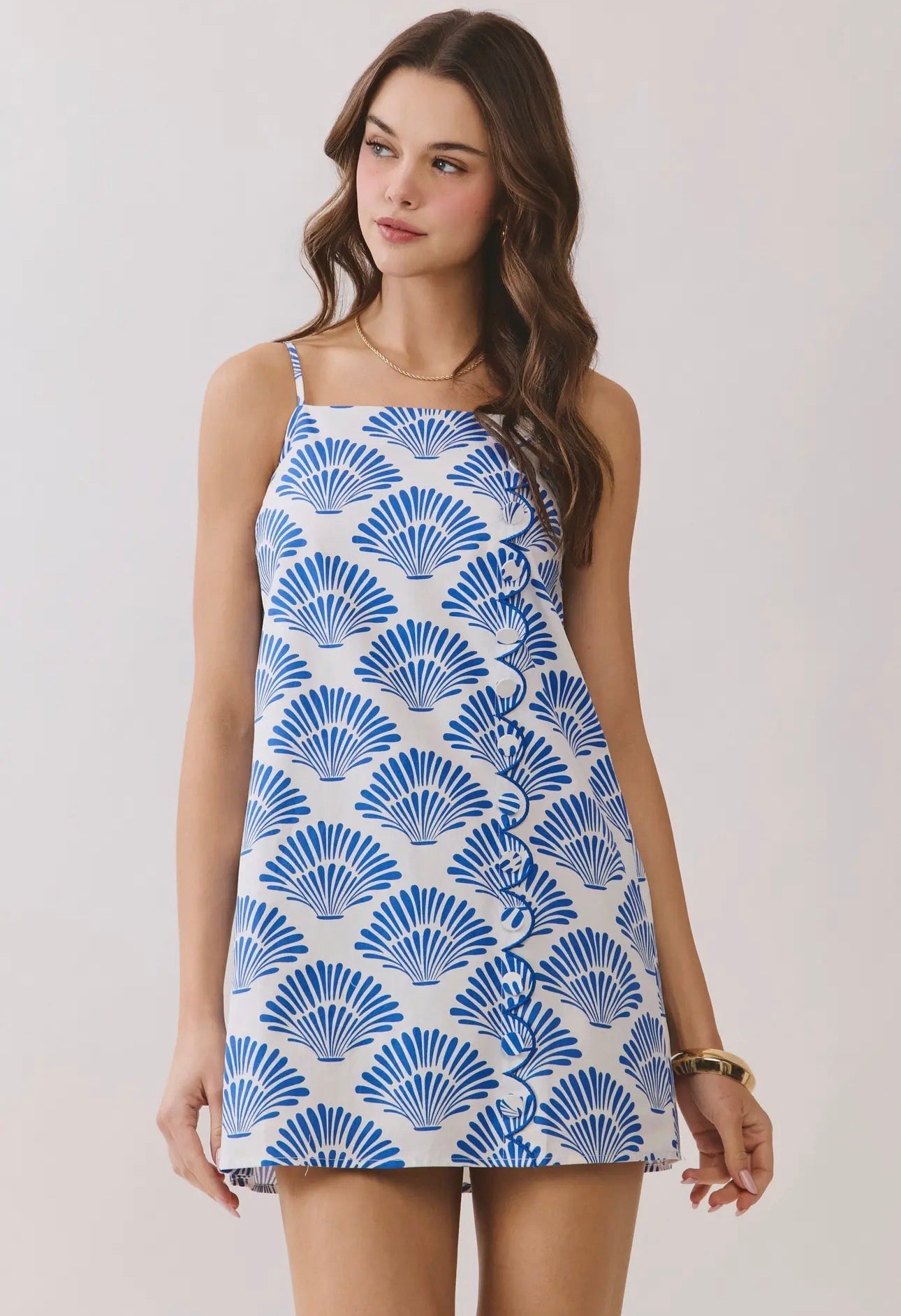 Shell Print Scallop Trim Mini Dress