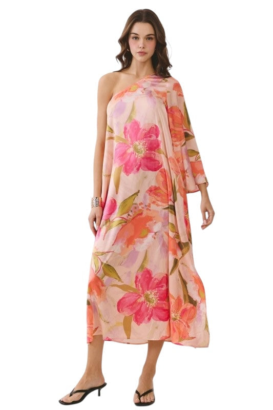 Satin Florals One Shoulder Midi