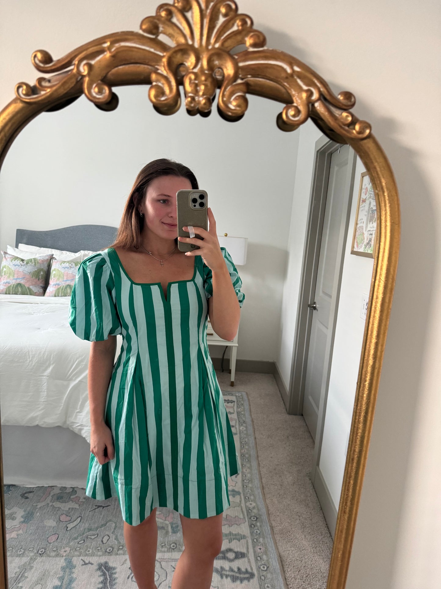 Green & Mint Stripe Cotton Mini Dress