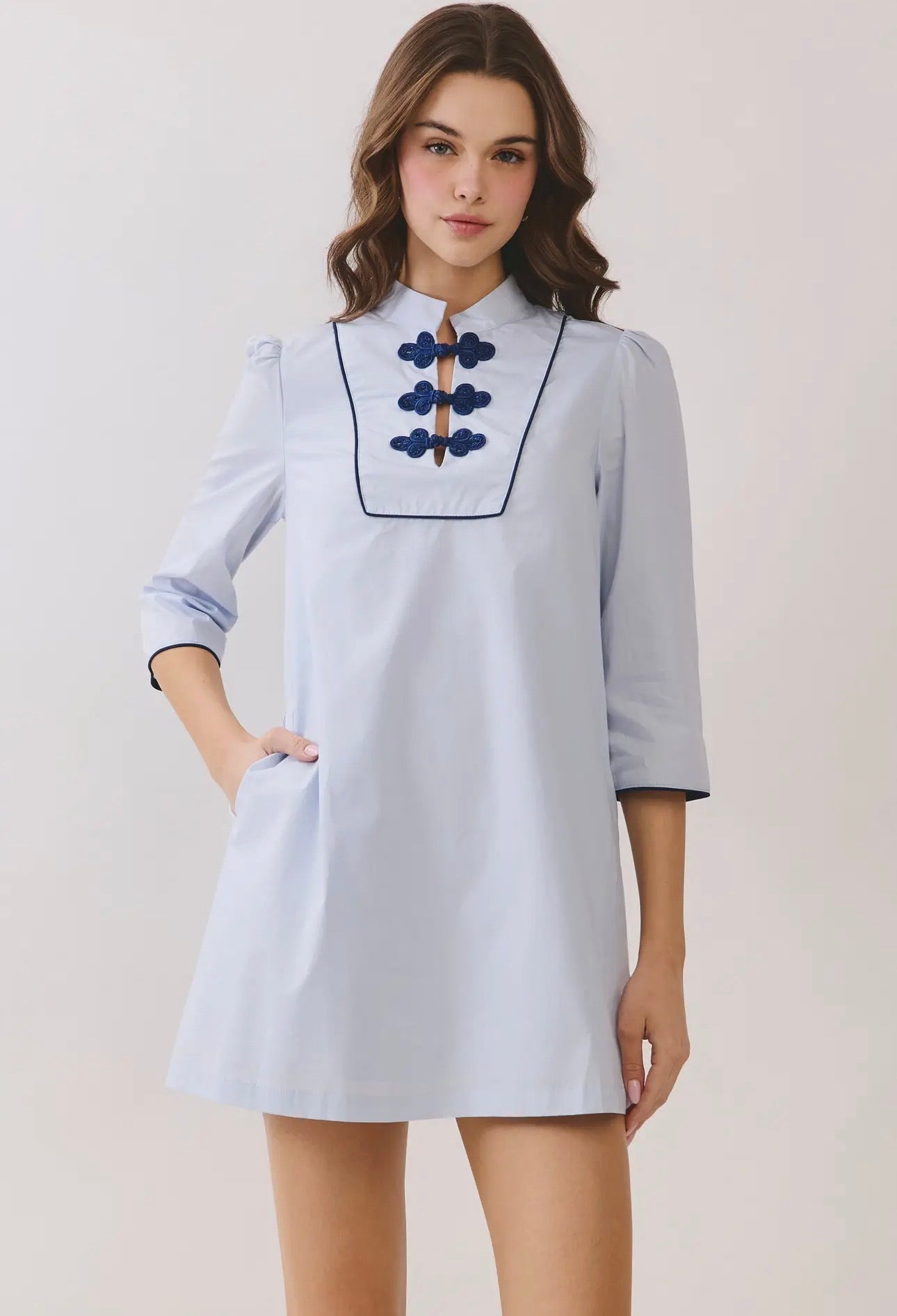 Mandarin Collar Contrast Frog Button Detail Mini Dress