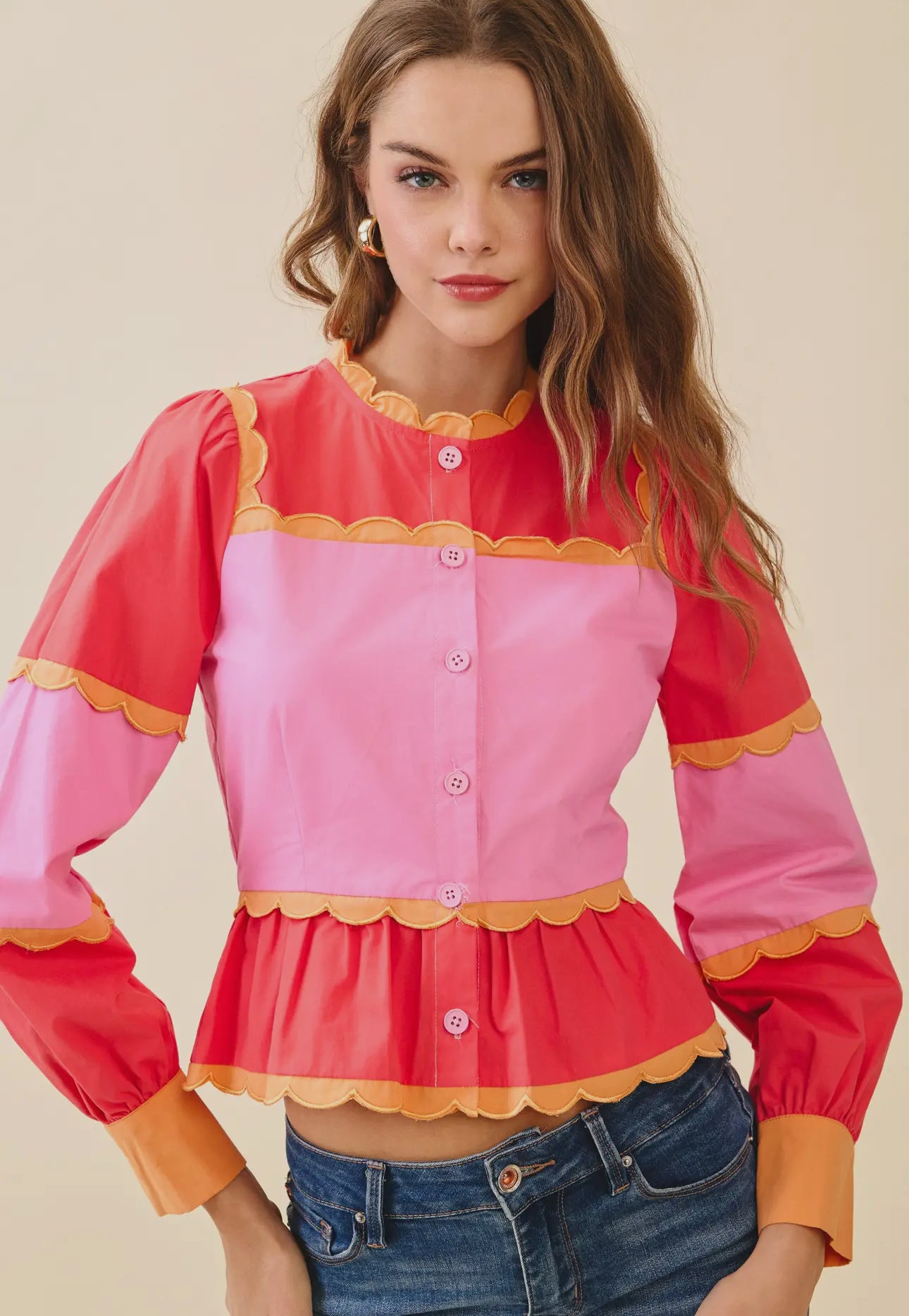 Color Block Scalloped Peplum Top