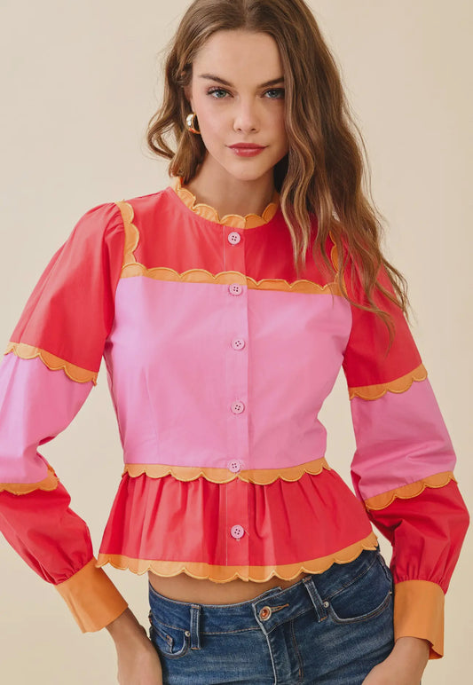 Color Block Scalloped Peplum Top