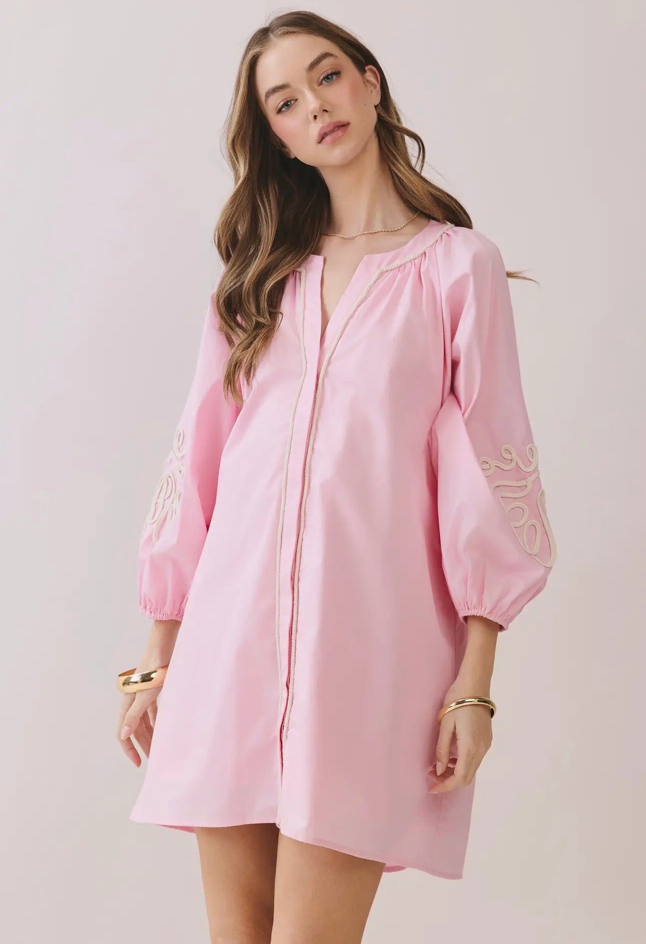 Embroidered Sleeve Baby Doll Button Down Mini