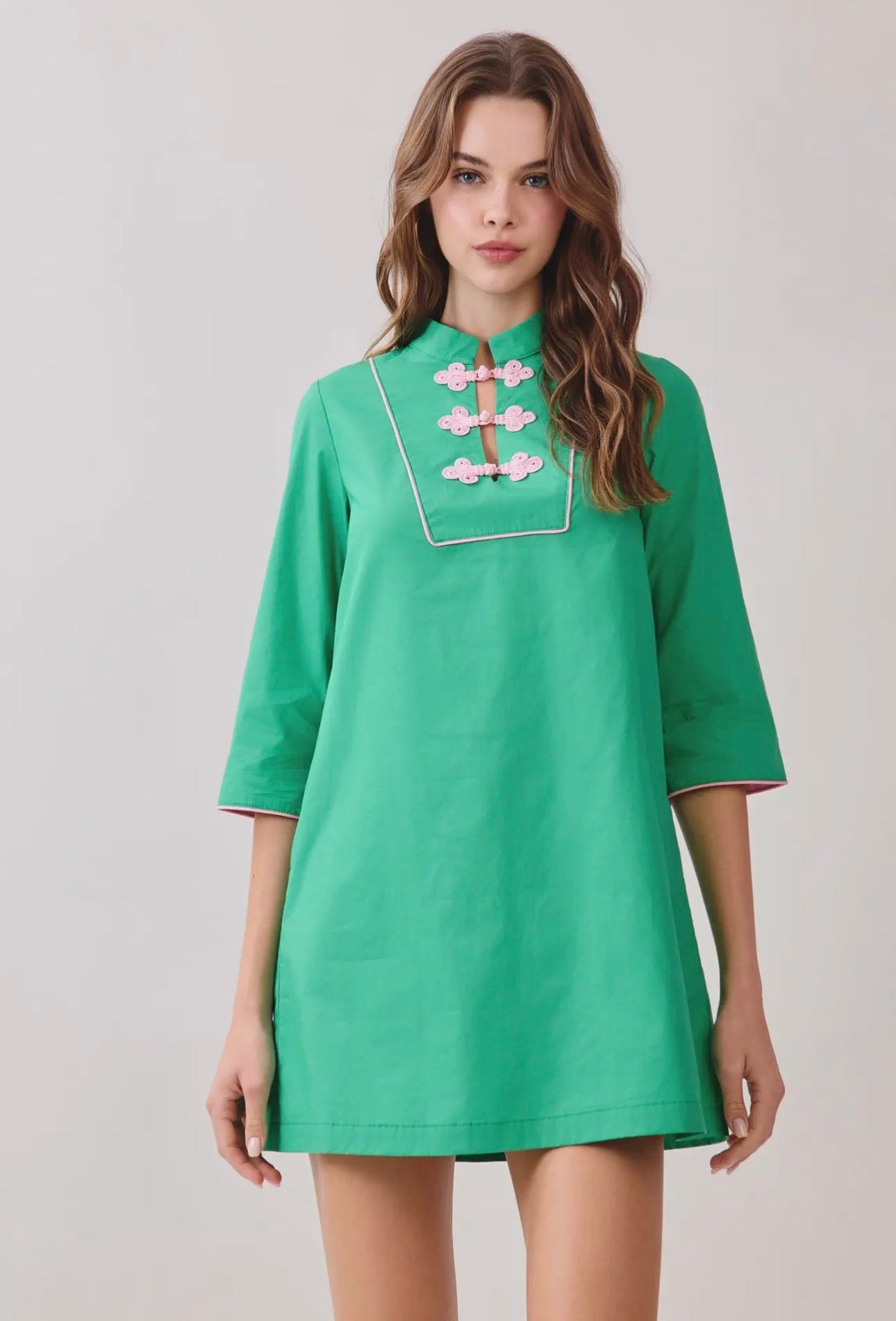 Mandarin Collar Contrast Frog Button Detail Dress