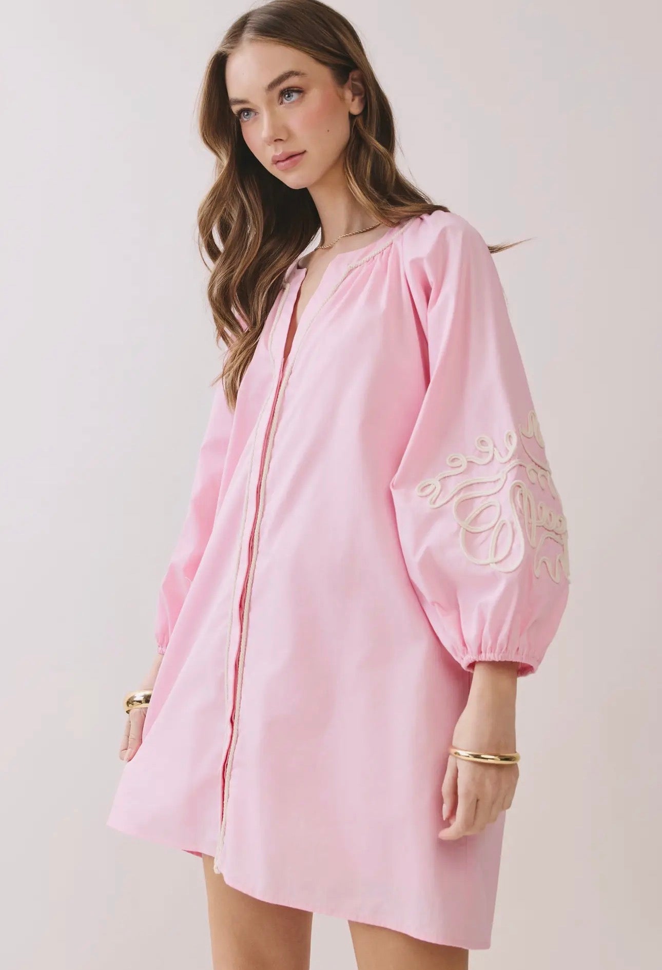 Embroidered Sleeve Baby Doll Button Down Mini