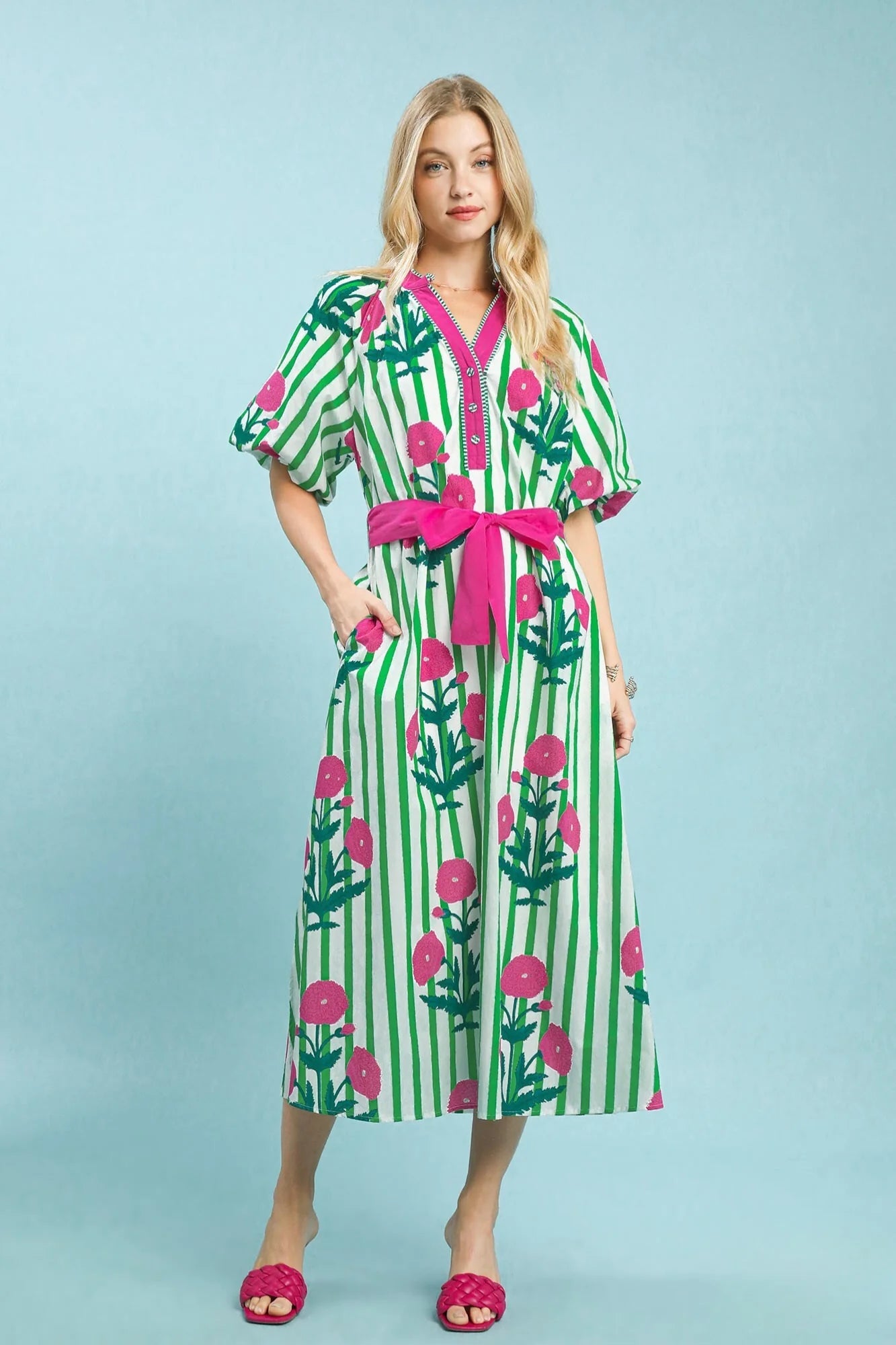 Striped Floral Maxi Dress with Waist Tie