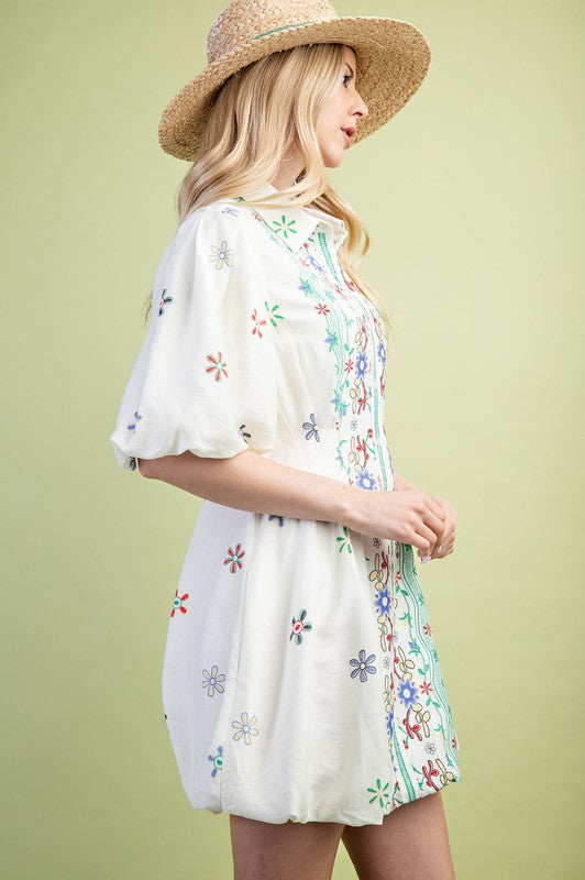 Embroidered Bubble Hem Dress