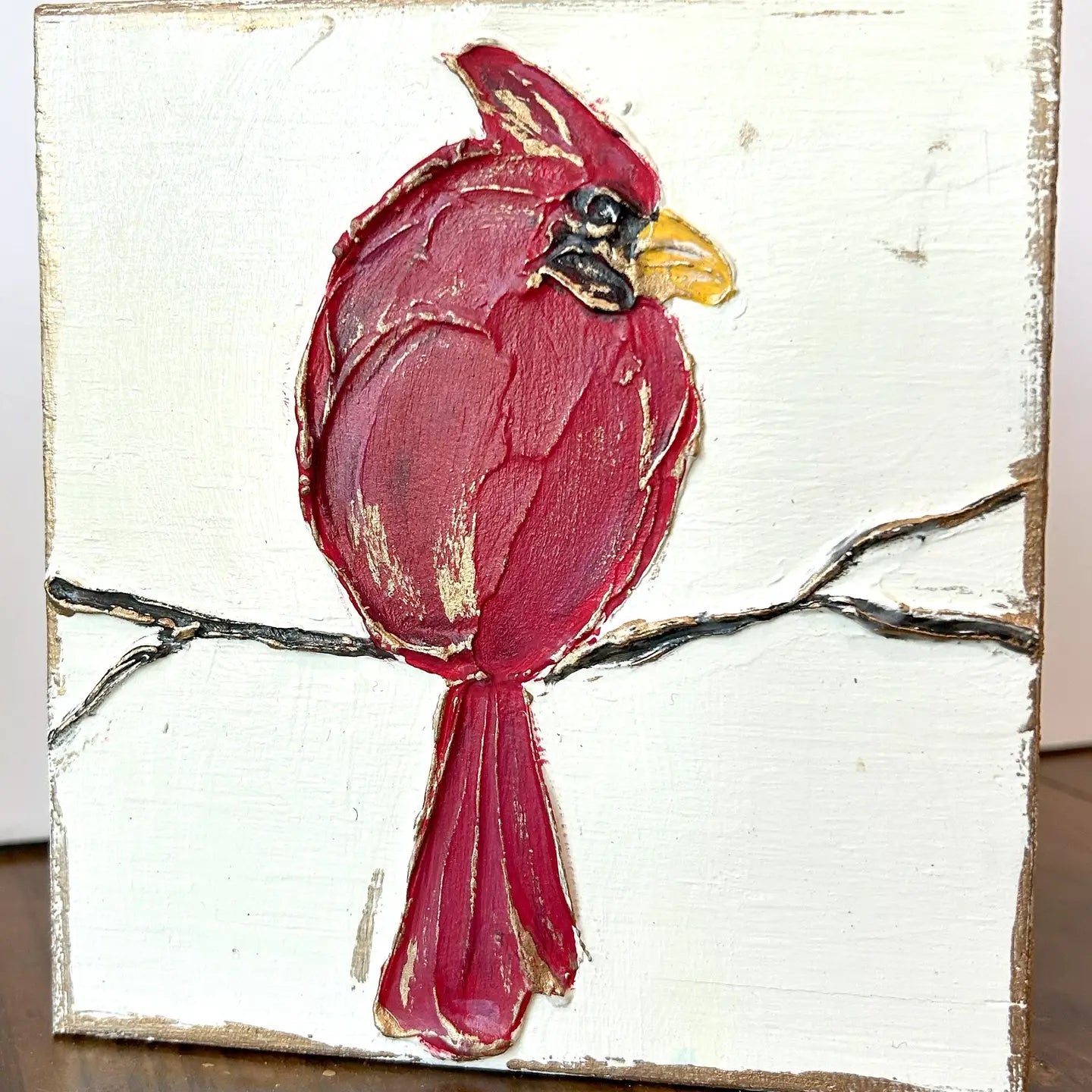 Cardinal Red Bird 5x5 Handmade, Textured Wood Block