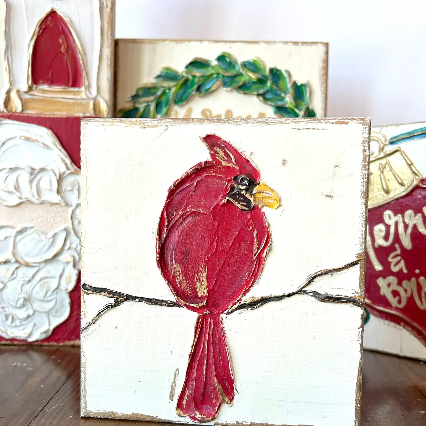 Cardinal Red Bird 5x5 Handmade, Textured Wood Block